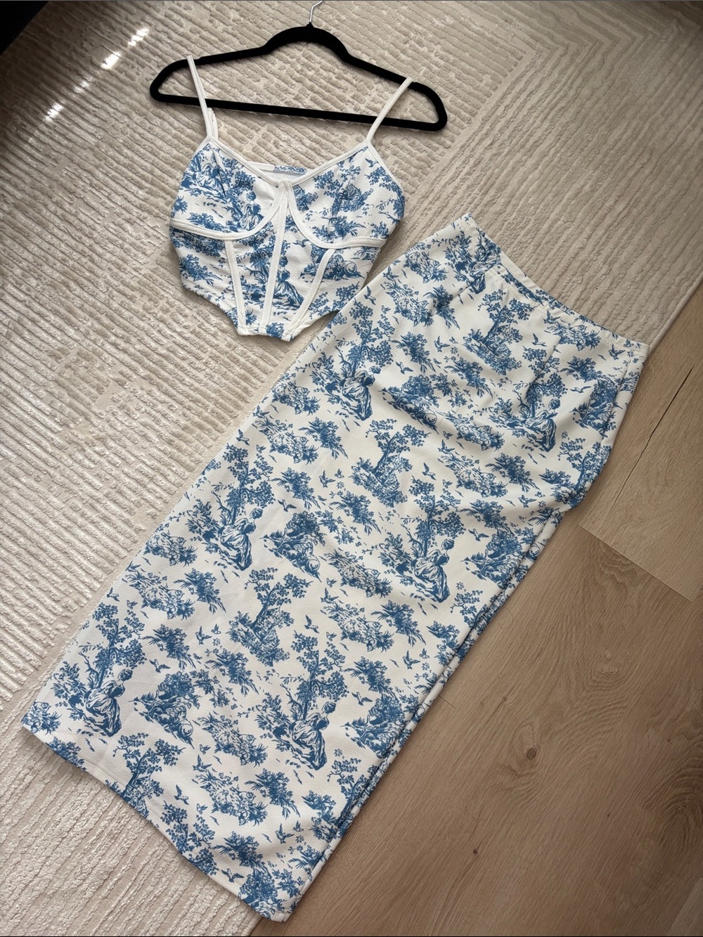 SHEIN White & Blue Toile Maxi Skirt